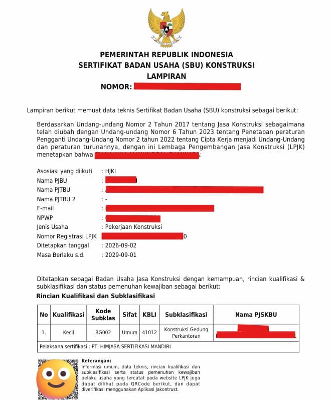 Contoh Sertifikat Badan Usaha (SBU) Konstruksi