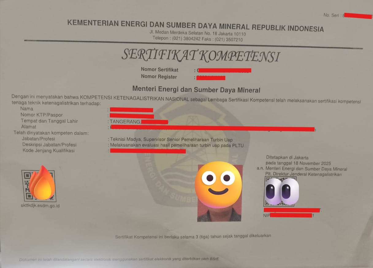 Contoh Sertifikat Kompetensi Ketenagalistrikan (Serkom)