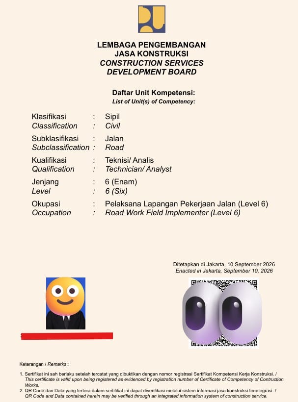 Contoh Sertifikat Kompetensi Kerja (SKK) Konstruksi